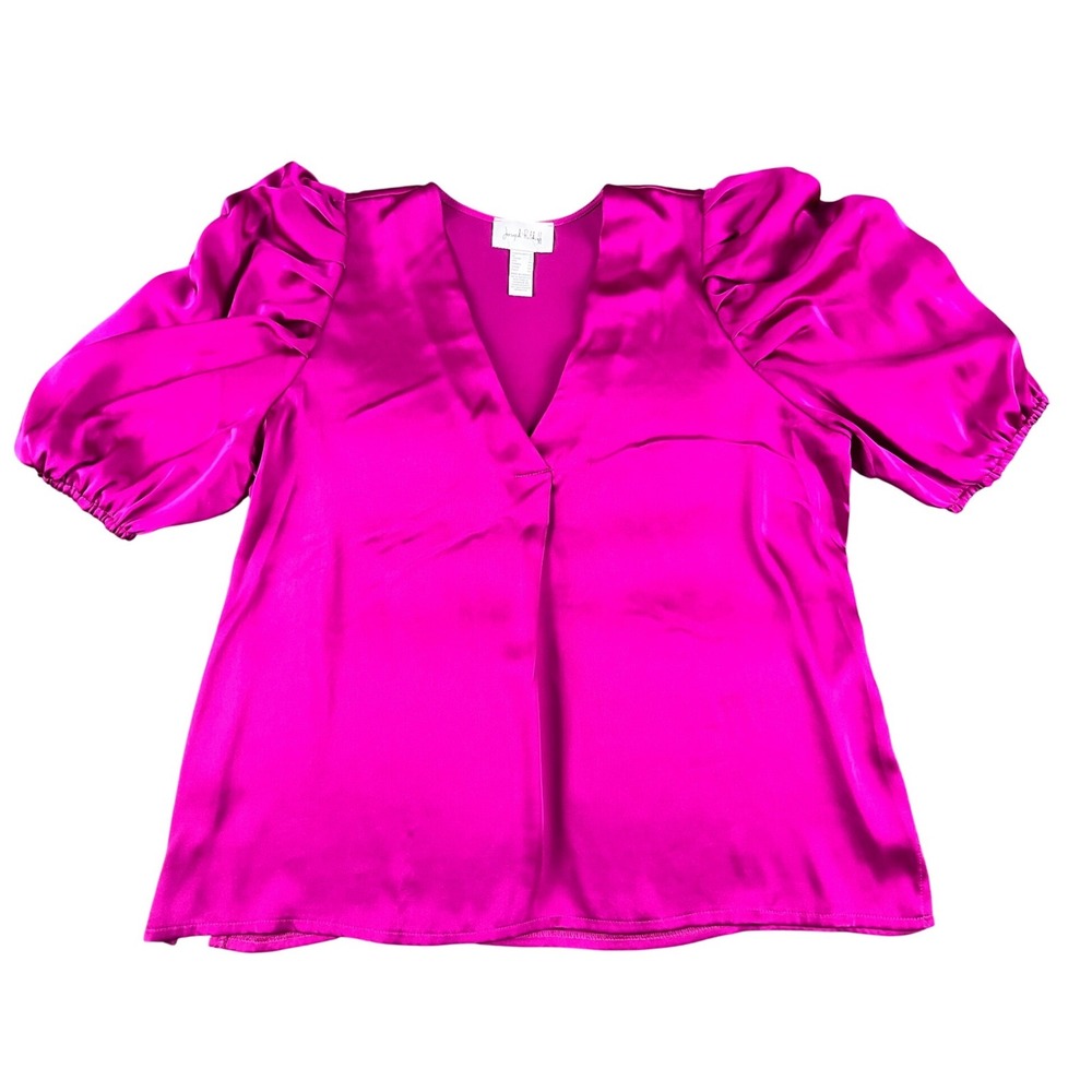 Joseph Ribkoff Magenta Satin V-Neck Puff Sleeve Blouse Size 12 Made in Canada